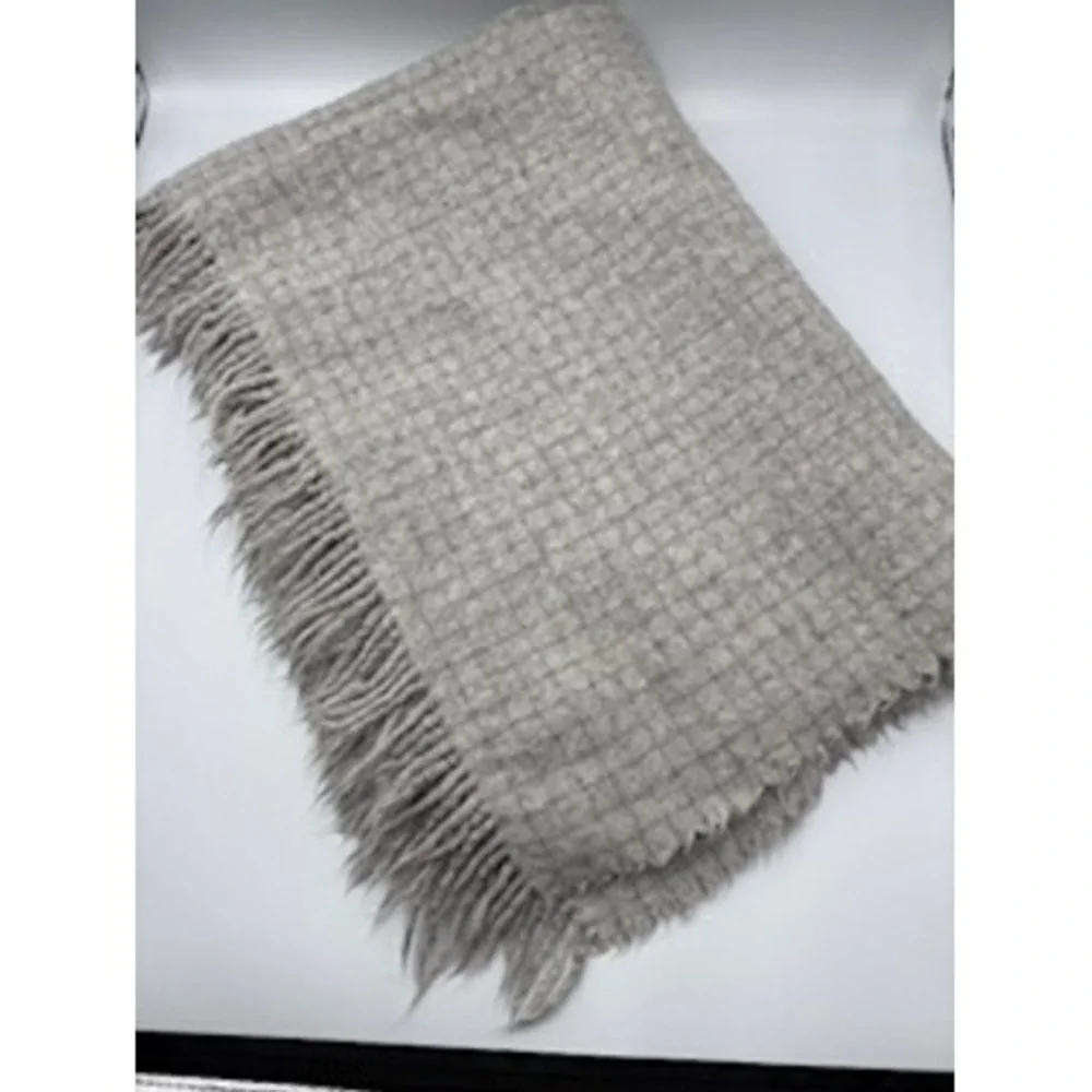 BOLL & BRANCH Throw Blanket OS Grey 100% Alpaca Wool Fringe Waffle Knit Luxury